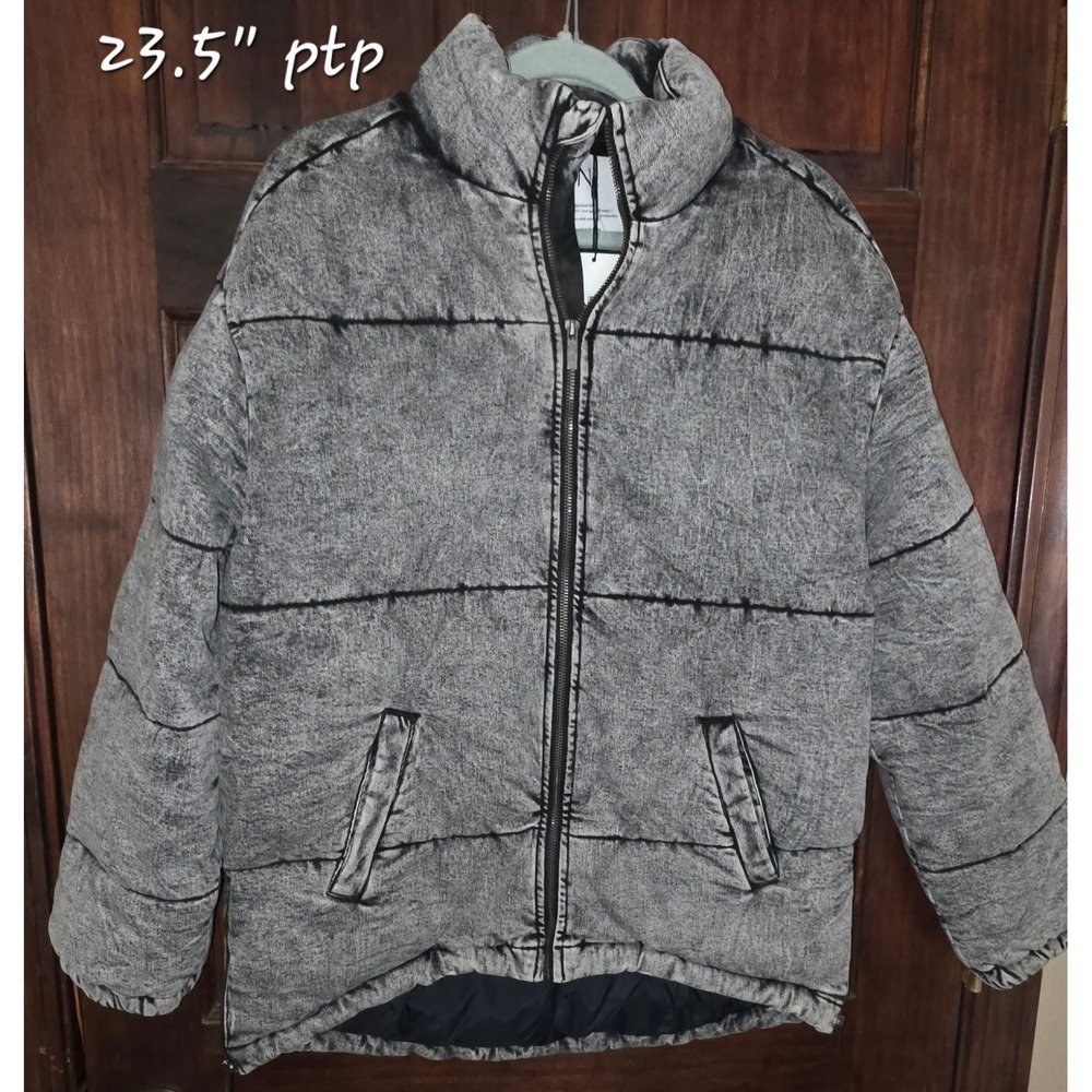 LNDN Landon Denim Grey Acid Wash Puffer Jacket Organic Cotton Size OVERSIZE XS